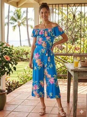 Tommy Bahama "Sun Lillies" Off-The-Shoulder Cropped Wide-Leg Jumpsuit